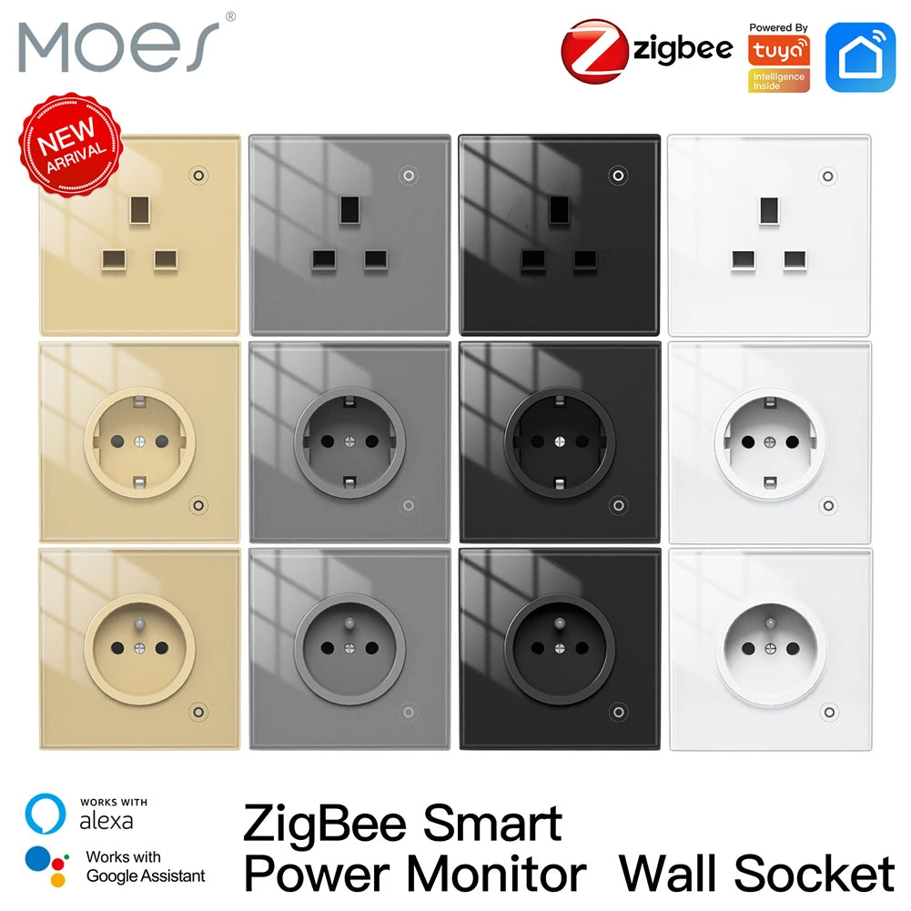 ENGIES ZigBee Smart Wall Socket Glass Panel Outlet Power Monitor tuya Wireless Control Mesh Timer Alexa Google Home voice UK EU FR