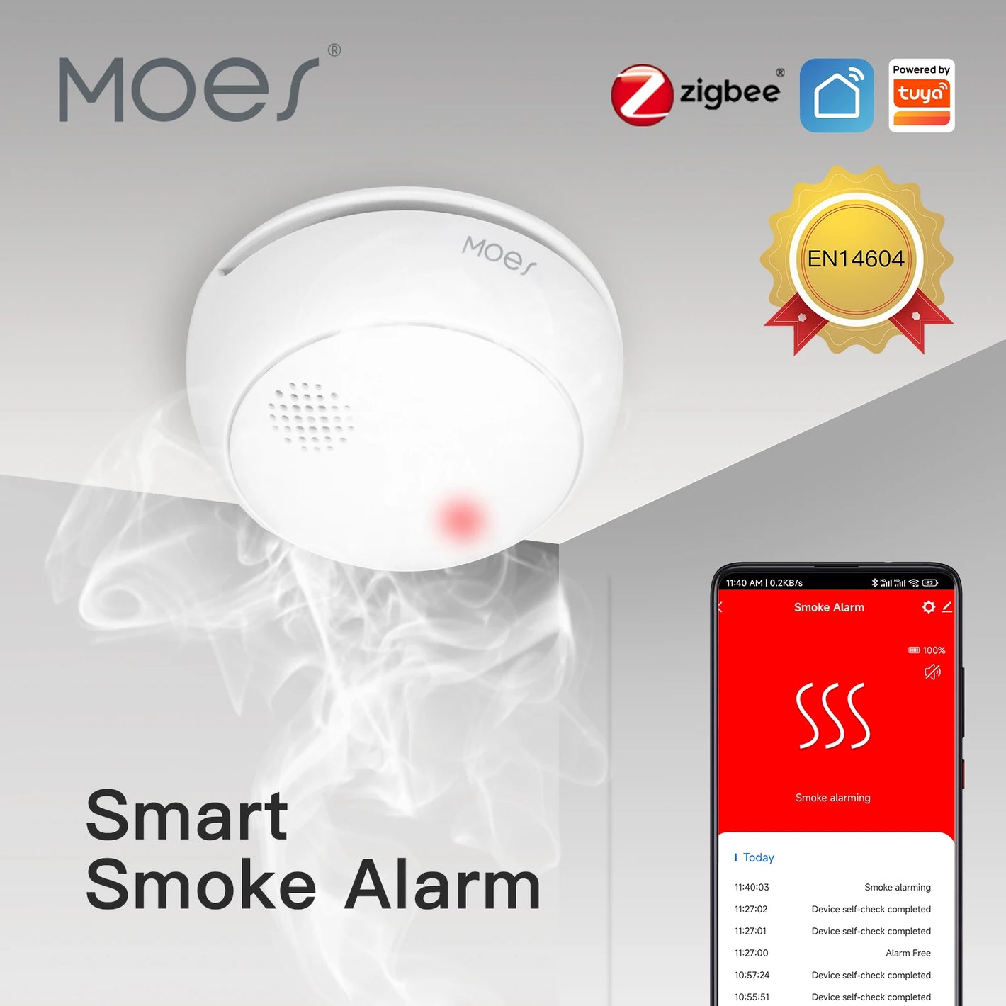 ENGIES ZigBee Smart Wireless Smoke Detector Fire 85dB Sound Alarm Siren Sensor Smart Safety Protection Home Kitchen Fire App Alert