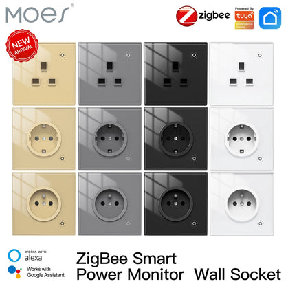 ENGIES ZigBee Smart Wall Socket Glass Panel Outlet Power Monitor tuya Wireless Control Mesh Timer Alexa Google Home voice UK EU FR